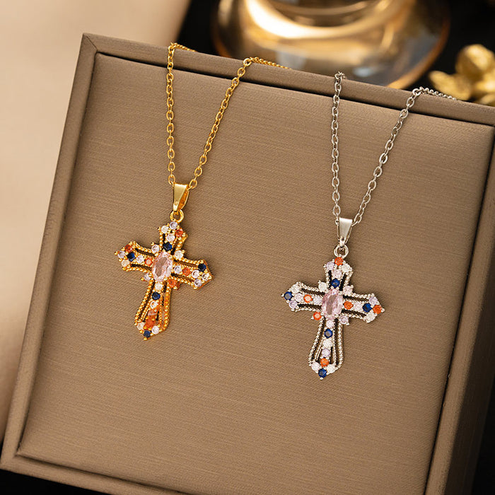 Wholesale Titanium Steel Cross Pendant Necklace Gold Color Zirconium Fashion Accessory MOQ≥2