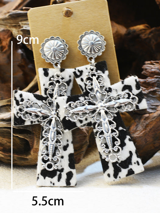 Wholesale Western Style Cow Pattern Turquoise Alloy Horseshoe Leopard Print Cross Earrings JDC-ES-ChenC012