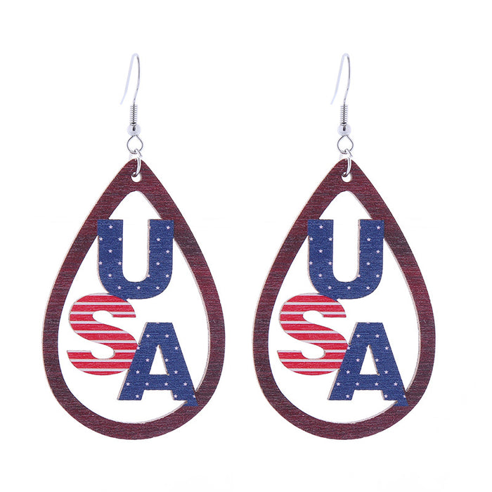 Wholesale American Independence Day Printed Wooden Water Drop Earrings JDC-ES-ChouTteng016