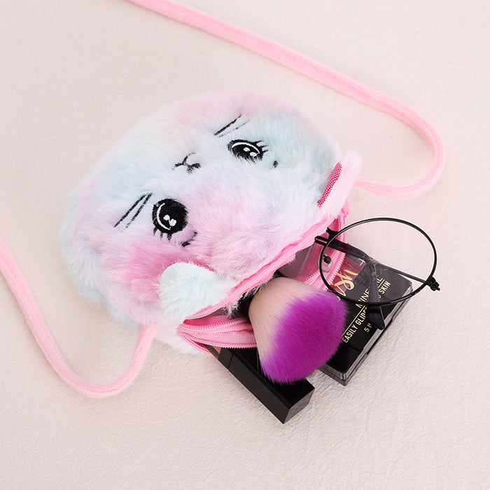 Wholesale Creative Plush Crossbody Bag Cartoon Children's Shoulder Bag Cute Cat Double Zipper Rabbit Fur Tie-Dye Small Shoulder Bag JDC-SD-SM003