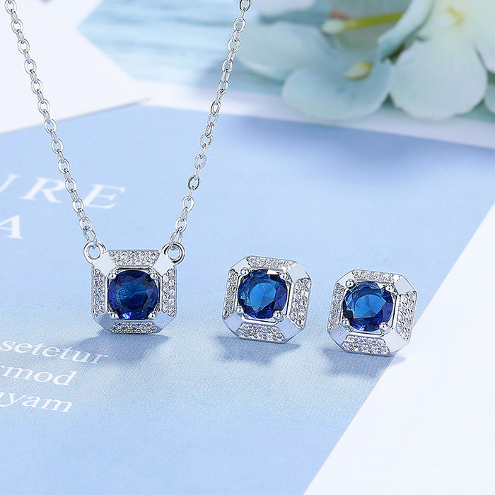 Wholesale Zircon necklace earring set, fashionable square pendant, collarbone chain