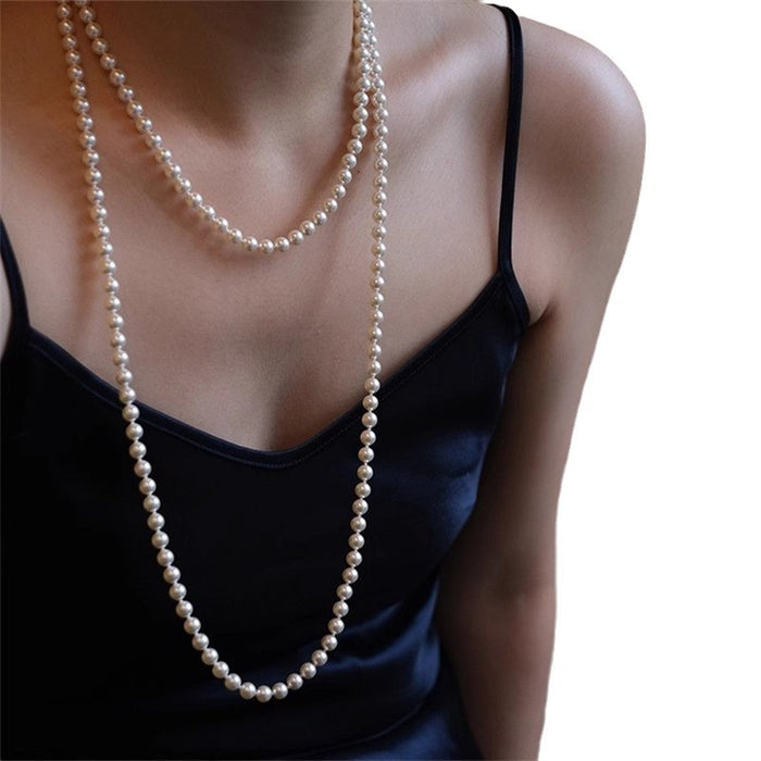 Wholesale Round and long pearl necklace, extra long, light luxury, niche new style, retro and high-end, double-layer and multi-layer layered wearing