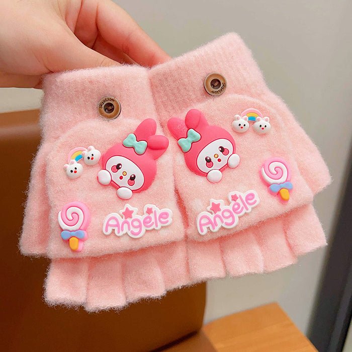Wholesale Children' s Gloves Autumn and Winter Warm Cute Cartoon  Girls'  Half-Finger Flip Cover Baby Thickened Warm Five-Finger Set