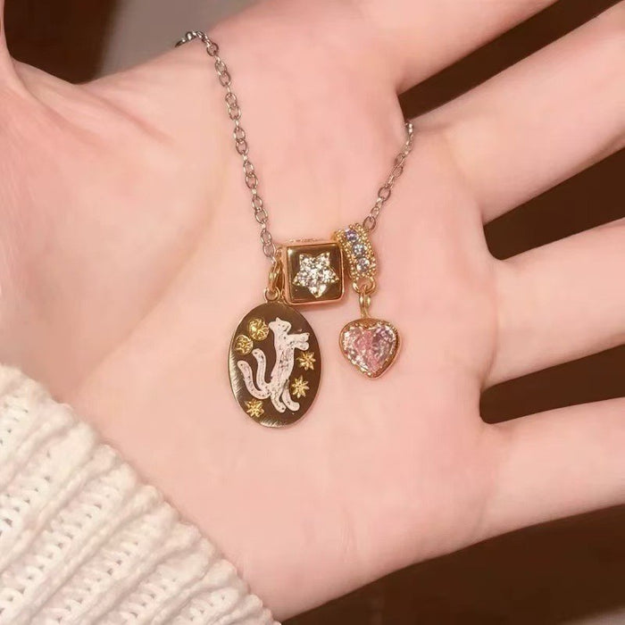 Wholesale Sweet Star Cat Guardian Angel Pendant Necklace with Diamond Sparkling Versatile Simple Necklace