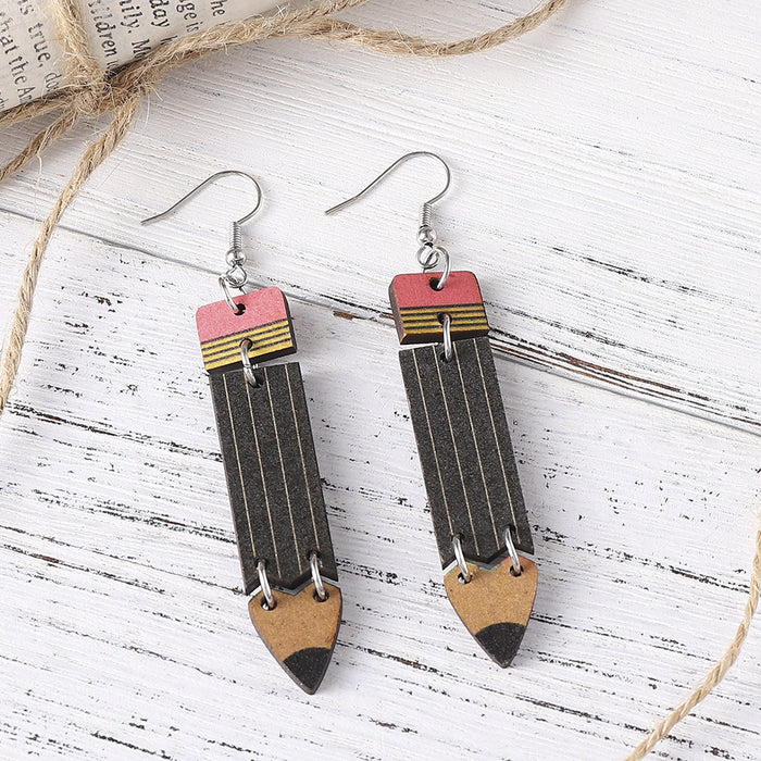 Wholesale Teaching learning rainbow pencil double-sided wooden earrings graduation season back to school season student teacher earrings