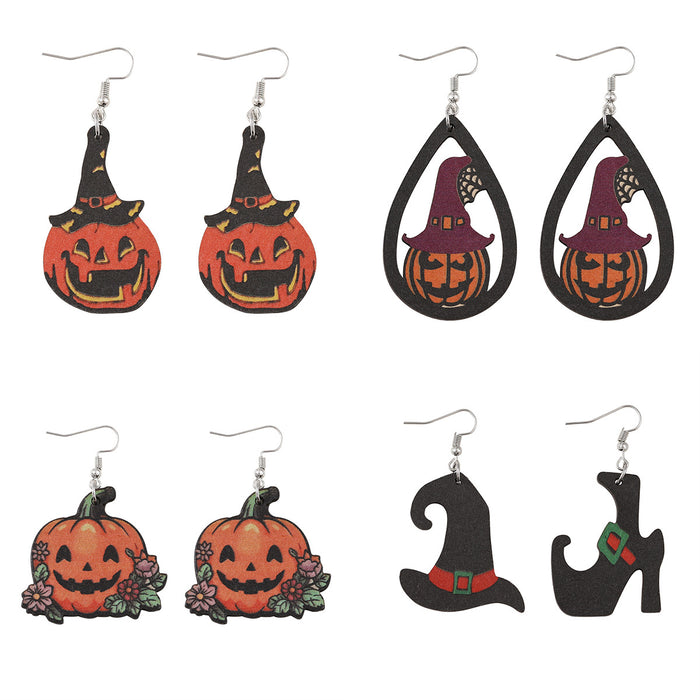 Wholesale  Gothic style ghost face pumpkin witch hat witch boots pendant earrings wooden double-sided earrings