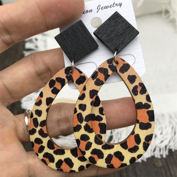 Wholesale Leopard Zebra Raindrop Long Earrings Wood JDC-ES-FaXin008