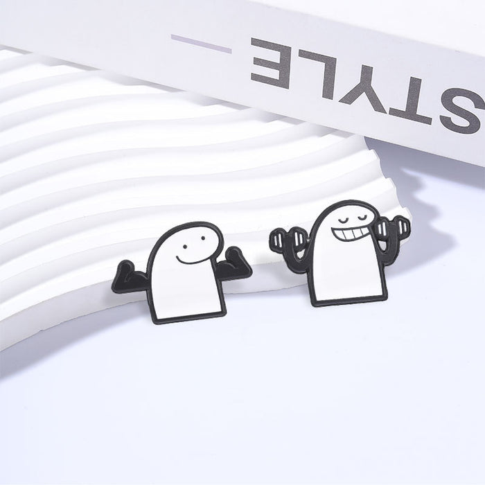 Wholesale Funny Weightlifting Cartoon Enamel Brooch Pin Black White Minimalist Design Fashion Accessory