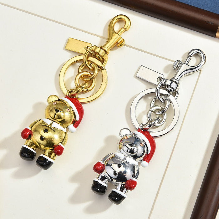 Wholesale Metal Bear Bag Charm With Christmas Hat 3D Cartoon Animal Keychain Pendant Holiday Gift And Decorative Accessory