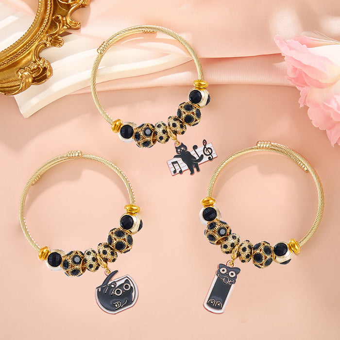 Wholesale Cute Black Cat Design Stainless Steel Bead Bracelet Stylish Jewelry Accessory for Women