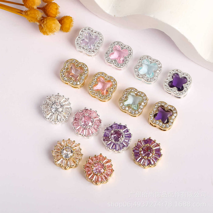 Wholesale 10pcs Micro inlaid zircon separated beads, four leaf clover round snowflake beads, porous scattered beads, DIY crystal bracelet string