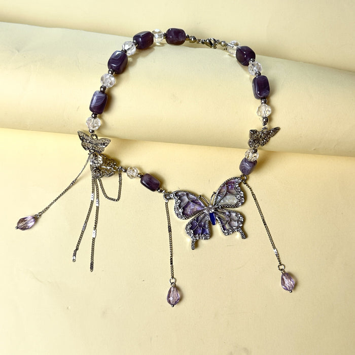 Wholesale Alloy Purple Crystal Butterfly Tassel Necklace Fashion Jewelry Accessory