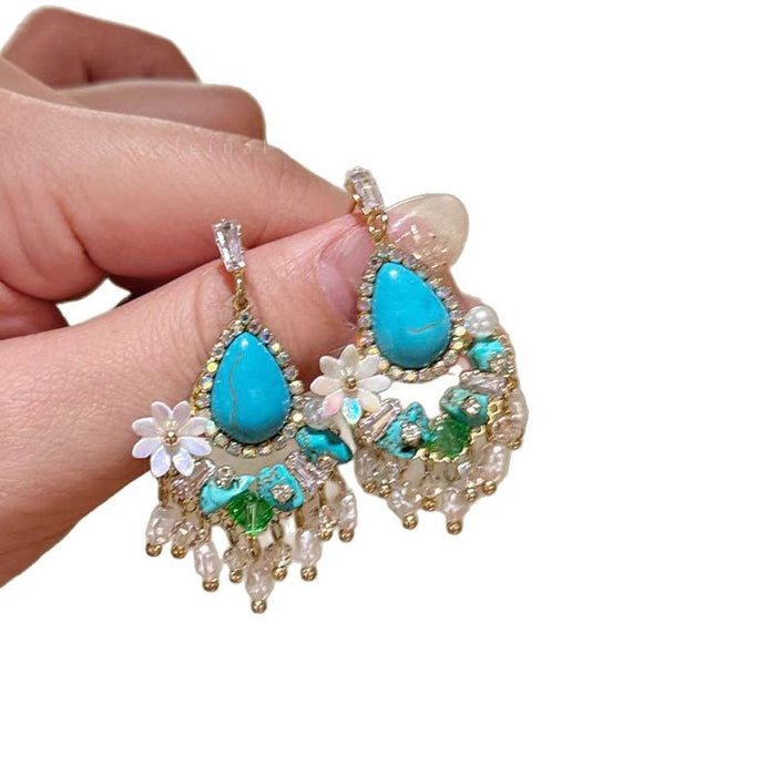 Wholesale Retro imitation turquoise tassel earrings with niche design earrings and earrings