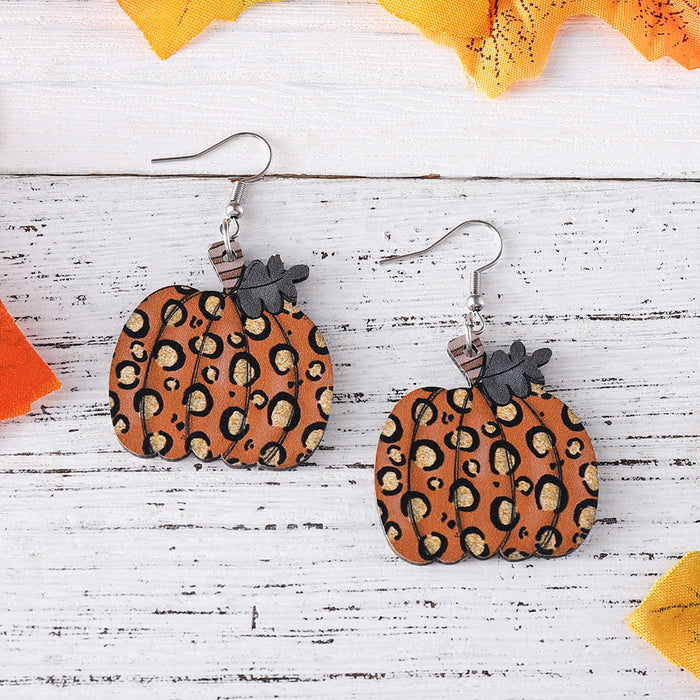 Wholesale Thanksgiving Autumn Harvest Leopard Print Pumpkin Pendant Earrings Wooden Double-Sided Earrings