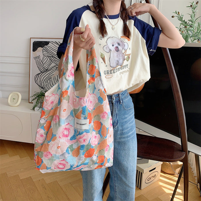 Wholesale Retro oil painting flower canvas bag casual shoulder bag cloth bag hand-held large bag vest bag