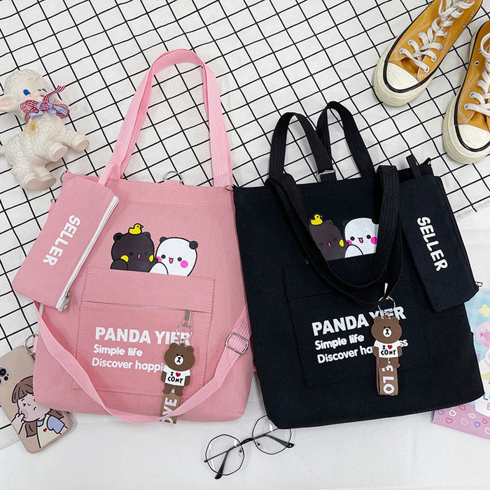 Wholesale Canvas Shoulder Bag Cartoon Bear Two-piece Student Double Back Canvas Bag Crossbody Large Capacity Tote Bag