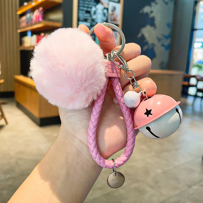 Wholesale Fur Ball Two-color Bell Leather Rope Keychain JDC-KC-YuanD003