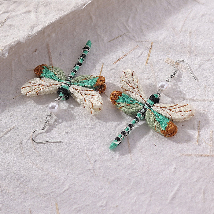 Wholesale Vintage Dragonfly Fabric Pearl Earrings JDC-ES-Qianzi003