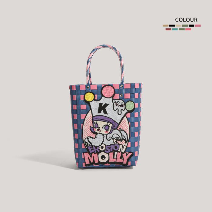 Wholesale  Plastic Woven Handbag Black Leather  Woven Vegetable Basket Handbag Handmade Bag