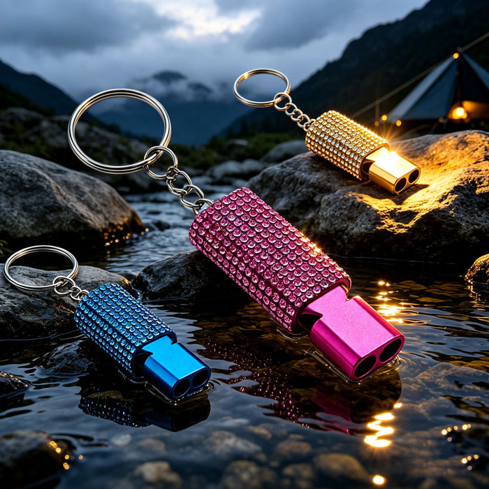 Wholesale Trendy Aluminum Alloy Whistle Keychain Double Tube Self Defense With Rhinestone Accent For Outdoor Survival Fashion Accessory