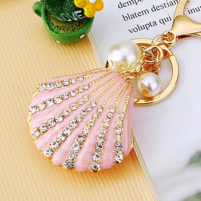 Wholesale Diamond studded pearl shell car keychain pendant, metal keychain ring, alloy accessory