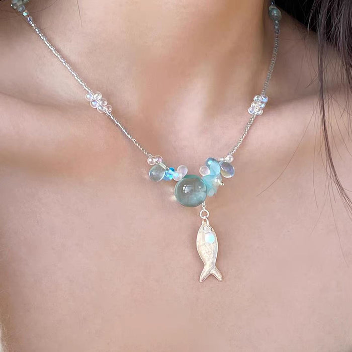 Wholesale Alloy Beaded Choker Necklace Blue Flower Fish Design Summer Vacation Style