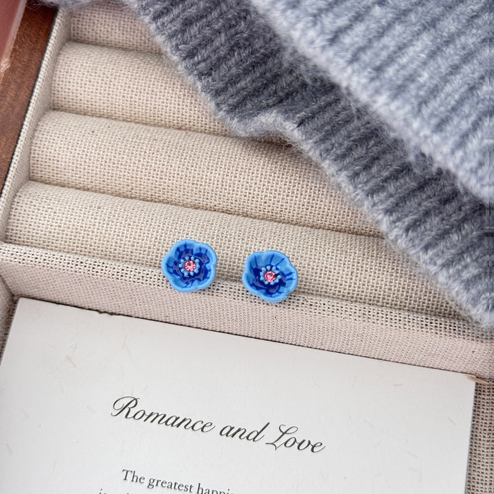 Wholesale New retro drop glazed blue small flower earrings, small and cute earrings, gentle and delicate temperament earrings