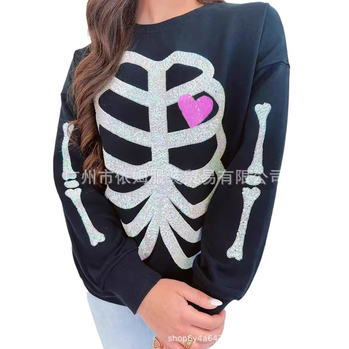 Wholesale Autumn and Winter New Women's Clothing Halloween Skeleton Sequin Top Long Sleeved Pullover Hoodie for Women JDC-CTS-YiMu007