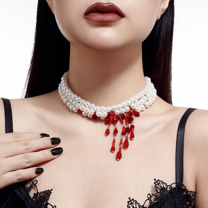 Wholesale Jewelry Gothic Pearl Necklace choker Halloween Blood Drops Tassel Crystal Clavicle Chain
