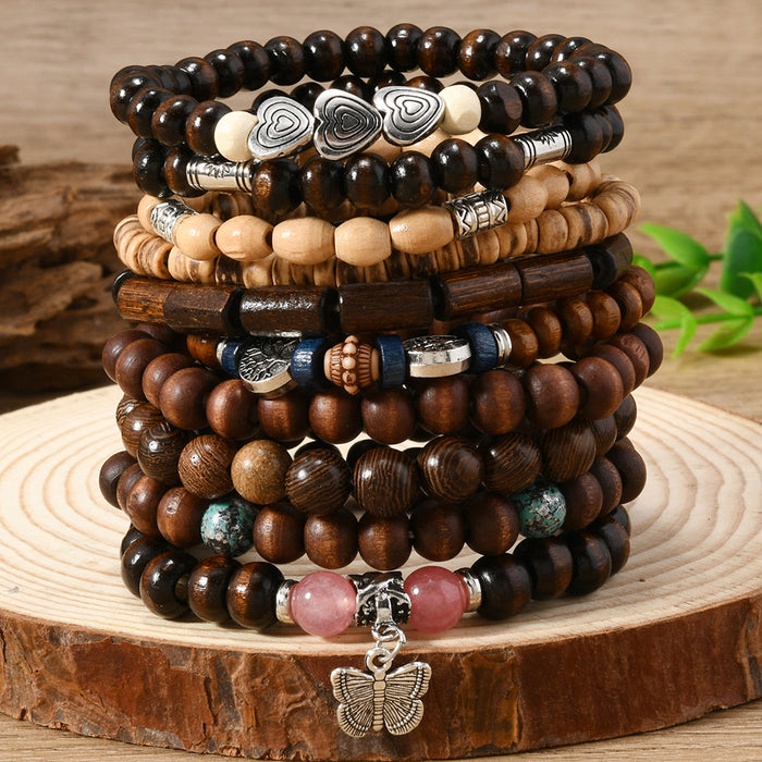 Wholesale Bohemian style nut shell wood beaded elastic thread multi-piece bracelet set