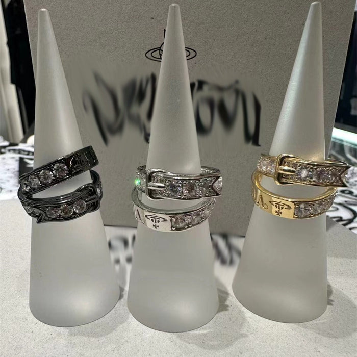 Wholesale Saturn double-layer belt buckle diamond inlaid ring, high-end retro ring