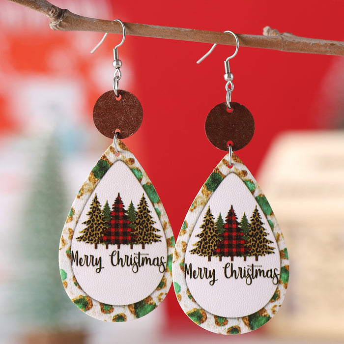 Wholesale Christmas Leopard Plaid Tree  Leather Wood  Earrings