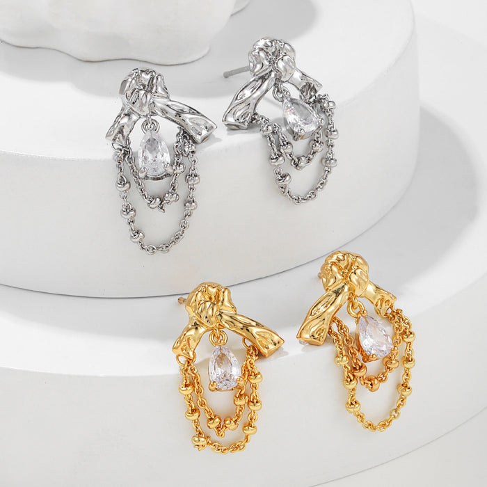 Wholesale Elegant and luxurious earrings with zircon bow and tassel