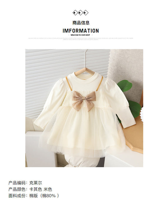 Wholesale Girls Autumn Dress Small Children's Hepburn Style Fashionable Dress Little Girl Puff Sleeve Bow Mesh Skirt JDC-CTS-MianY014