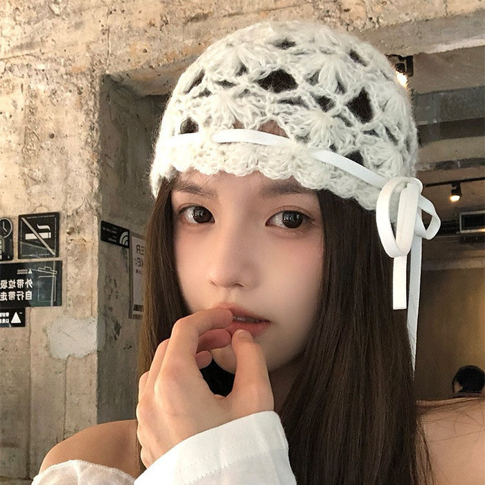 Wholesale Hollow bow knitted hat, thin, breathable, handmade crochet yarn hat