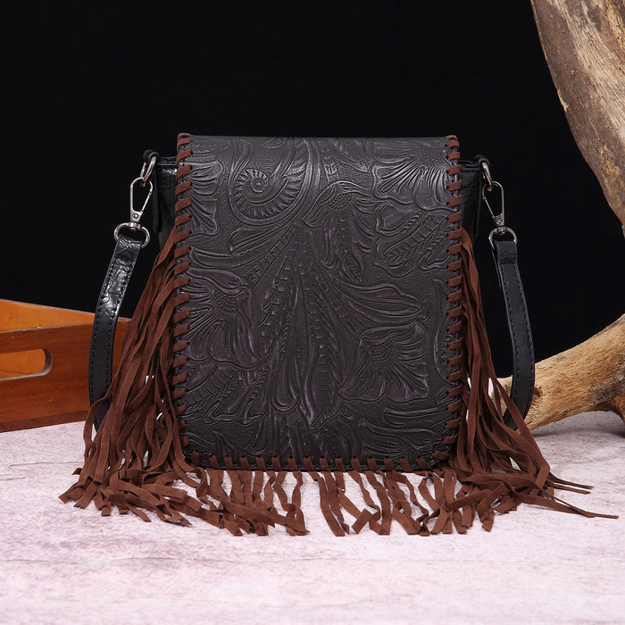 Wholesale Retro cotton and linen printed bohemian style leather carved shoulder crossbody women' s bag