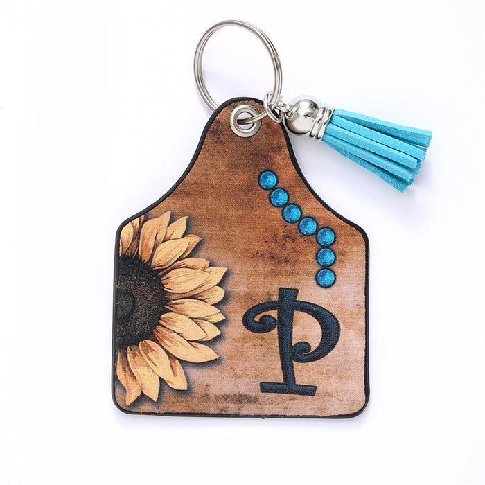 Wholesale Leather Sunflower Letter Tassel Keychain Pendant