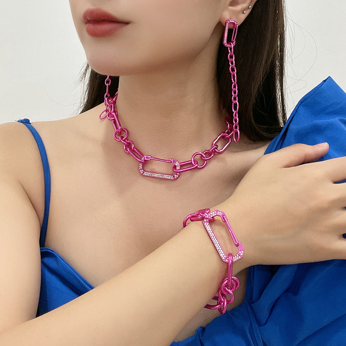 Wholesale Earrings Alloy Pink Thick Chain Necklace Bracelet Necklace Set MOQ≥2 JDC-ES-kenj012