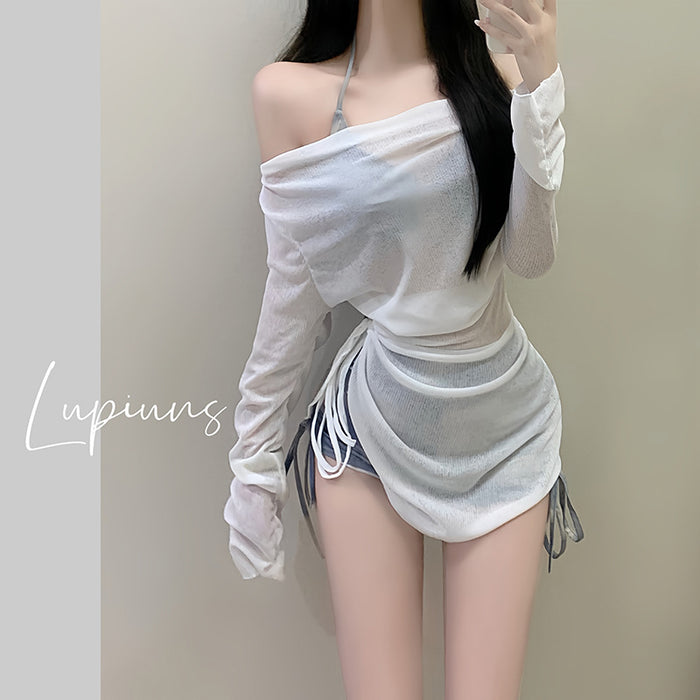 Wholesale Swimsuit vacation tie dye blue three-point sports split flat angle bikini top three piece set