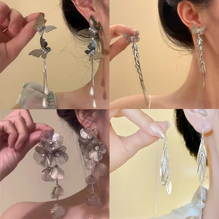 Wholesale Vintage metallic floral tassel earrings with a light luxury and high-end feel, niche design temperament, versatile and long earrings