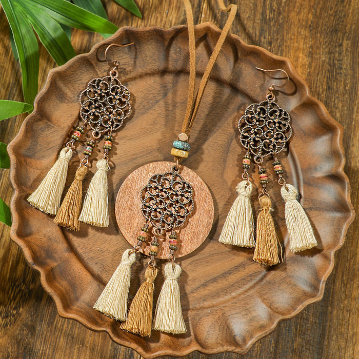 Wholesale Bohemian Dreamcatcher Tassel Earrings and Wooden Pendant Necklace Set