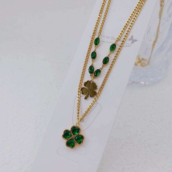 Wholesale Titanium Steel Green Zircon Flower Double Layer Lucky Clover Necklaces JDC-NE-Yiran010