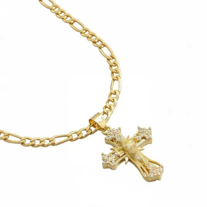 Wholesale Gold Copper Zircon Cross Pendant Hip Hop Men S Necklace Figaro Chain Gift