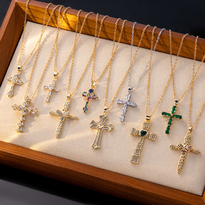 Wholesale Fashion colored zircon cross necklace, niche design accessory, collarbone chain