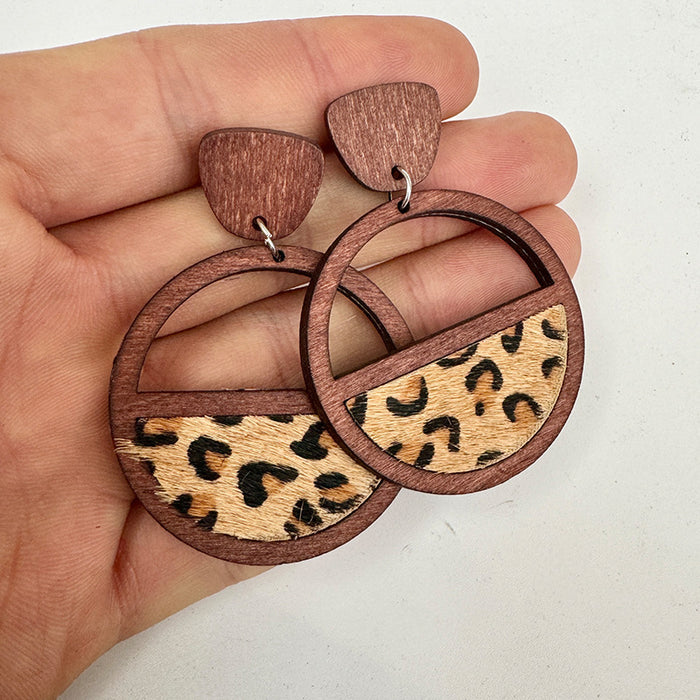 Wholesale Western genuine leather earrings geometric ing hollow inlaid leopard print classic exaggerated earrings