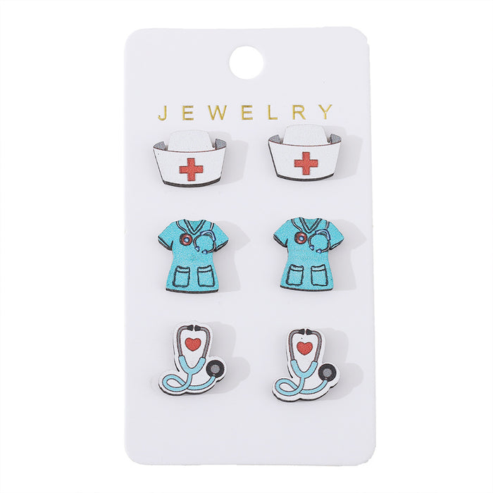 Wholesale Nurse' s Day Stethoscope Nurse Cute Heart and Lung Organs Earrings suit Wooden Earrings Earrings Gift