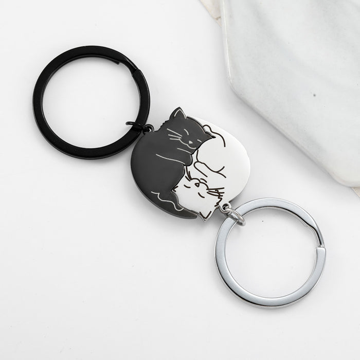 Wholesale cartoon black white cat stainless steel keychain couple jewelry small pendant