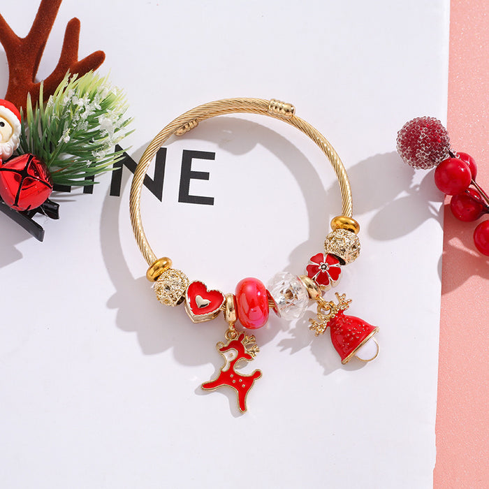 Wholesale Stainless Steel Elk Snowflake Bell Pendant Beaded Bracelet Christmas MOQ≥2