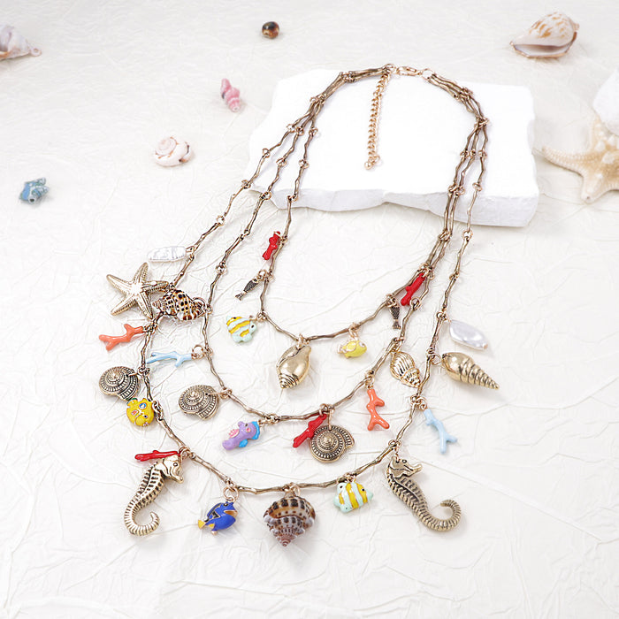 Wholesale leisure vacation ocean wind alloy seahorse conch sea star three-layer