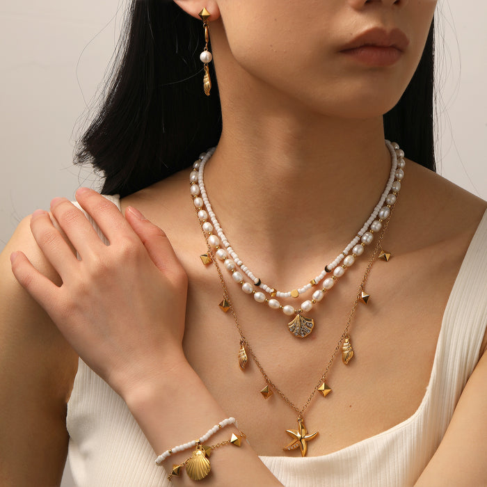 Wholesale Shell stainless steel earrings with pearl triple layered earrings